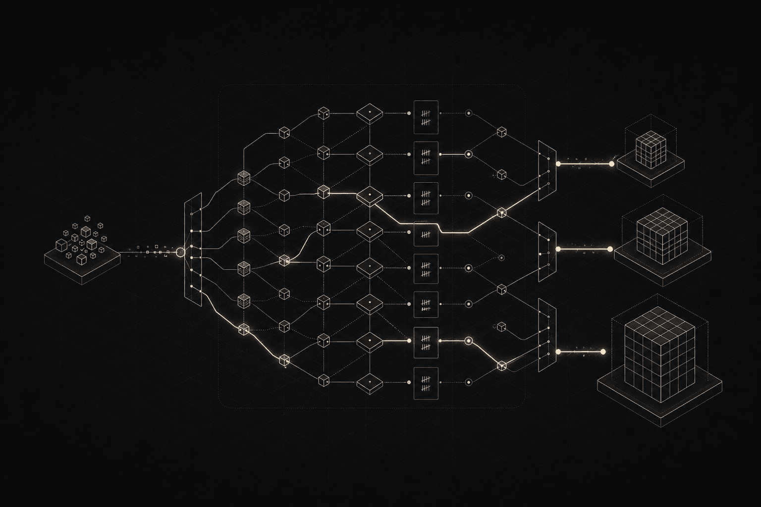 Audit network diagram showing one input fanning through routing and judging into three task-specific outputs.