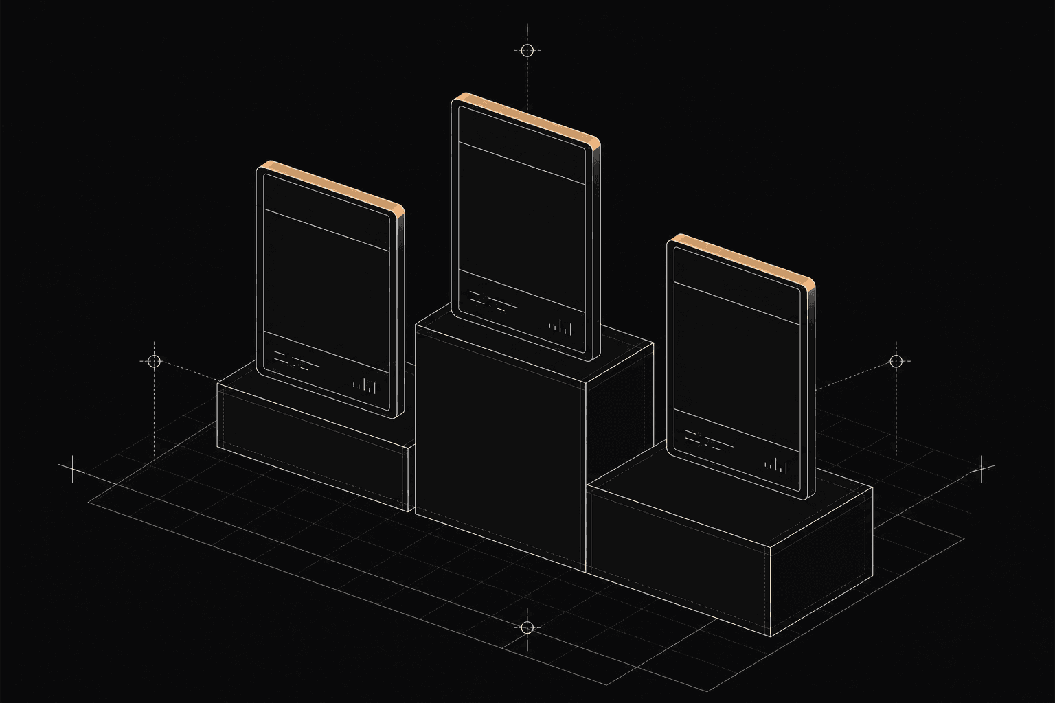 Schematic podium showing three winner model cards.